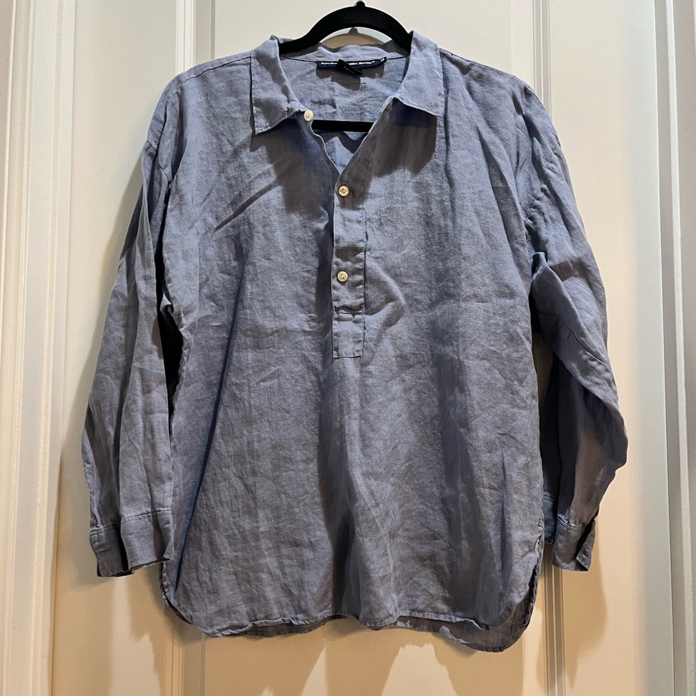 Ralph Lauren Sport Half Button Down Linen Shirt Long Sleeves Sz 14 Rounded Hem